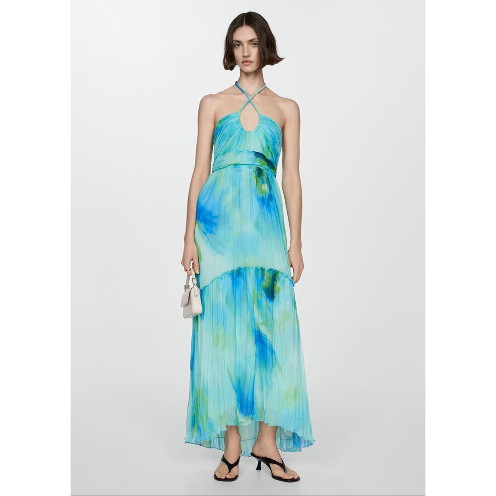 Mango NWT Blue Watercolor Halter Pleated Maxi Dress 6 8 - Picture 14 of 16